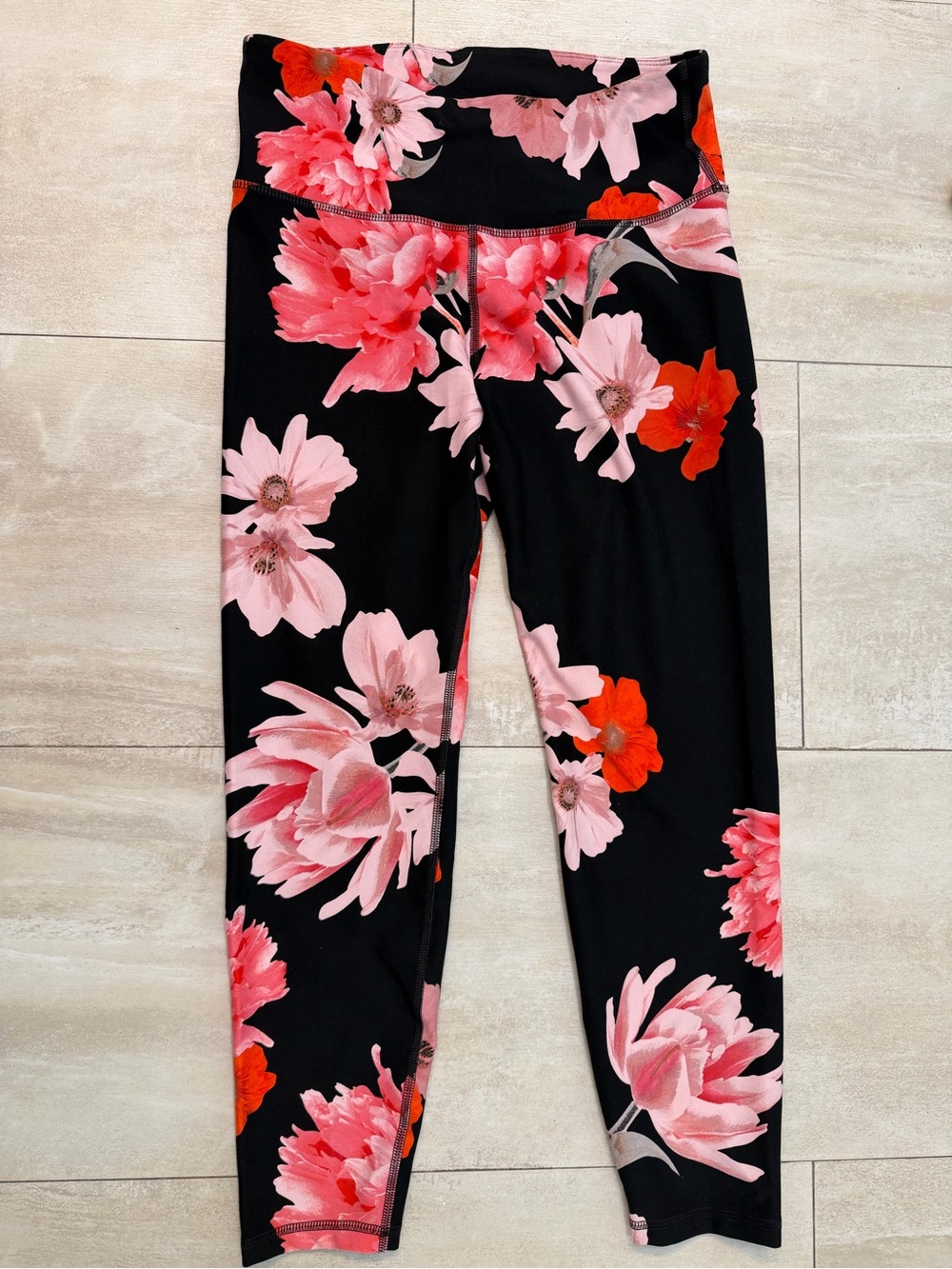 Old Navy Black Leggings with Pink & Red Floral Design